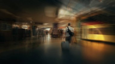 New York City Pennsylvania İstasyonu. Gezginler ve bagajlarla iç hareket bulanıklığı.