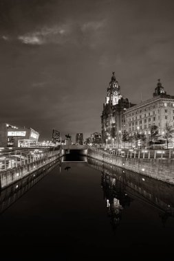 İngiltere 'deki şehir merkezinde geceleyin şehir manzaralı Liverpool tarihi mimarisi