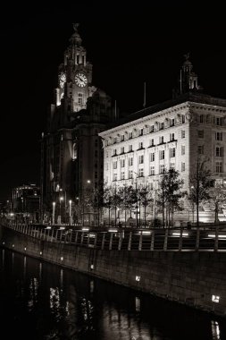 İngiltere 'deki şehir merkezinde geceleyin şehir manzaralı Liverpool tarihi mimarisi