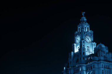 Liverpool tarihi mimarisi İngiltere 'nin şehir merkezinde gece şehir manzarası ile yakın plan görüntüsü