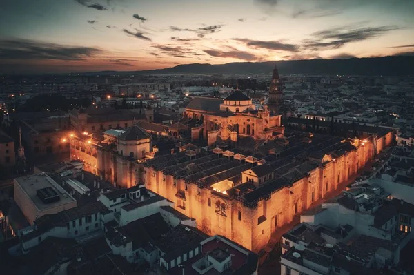 Torre Sineira Catedral Mesquita Córdoba Vista Aérea Pôr Sol Noite — Fotografia de Stock