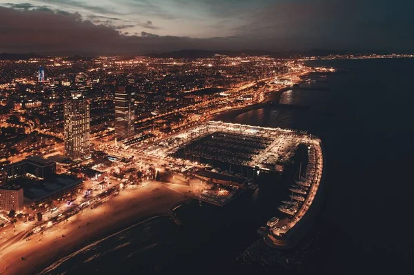 Barcelona Coast Pier Aerial View Night Spain — Stock Photo, Image