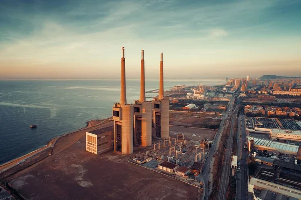 Uitzicht Thermische Centrale Van Besos Bij Zonsopgang Aan Kust Van — Stockfoto