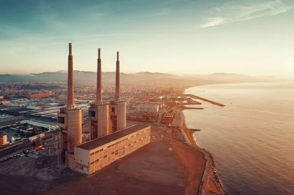 Besos Termické Elektrárny Letecký Pohled Při Východu Slunce Pobřeží Barcelony — Stock fotografie