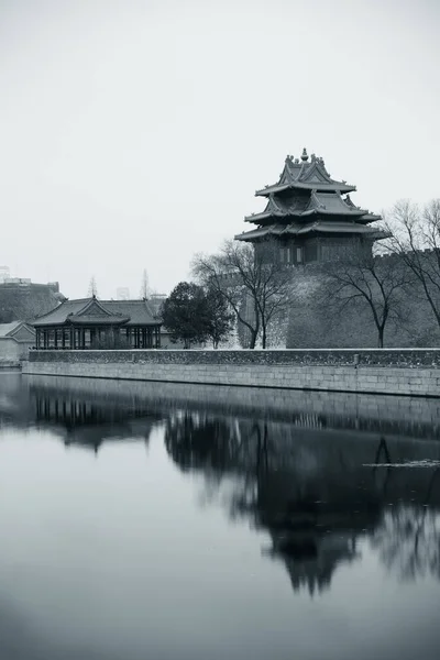 Narożna Wieża Kolorze Czarno Białym Pałacu Cesarskim Pekinie Chiny — Zdjęcie stockowe