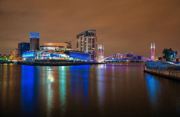 Salford Quays business district at night in Manchester, England, United Kingdom