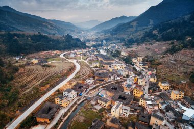 Tulou 'nun havadan görünüşü, Hakka' nın Fujian, Çin 'deki eşsiz evleri..