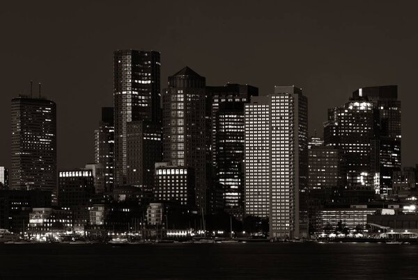 Boston skyline night monochrome view with historical buildings in Massachusettes USA