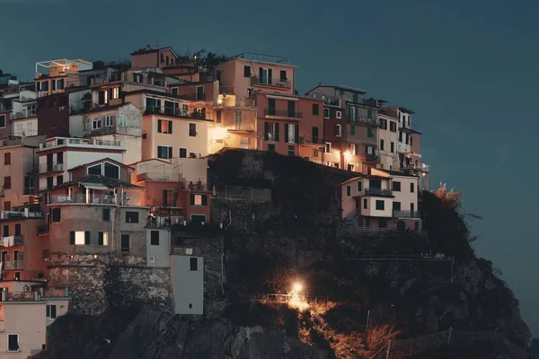 Italian Style Resident Buildings Cliff Manarola Cinque Terre Night Italy — Stock Photo, Image