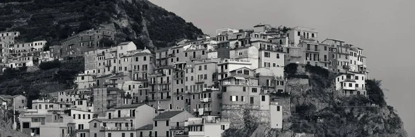 İtalya 'nın Cinque Terre kentindeki Manarola' daki uçurum panoramasının üzerinde İtalyan tarzı yerleşik binalar..