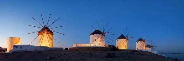 Windmill Panorama Famous Landmark Night Mykonos Island Greece — Stock Photo, Image