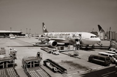 TOKYO, JAPONYA - 15 Mayıs 2013 tarihinde Tokyo 'da Narita havaalanında kargo yükleme uçağı. Tokyo Japonya 'nın başkentidir ve dünyanın en kalabalık metropoliten alanıdır.