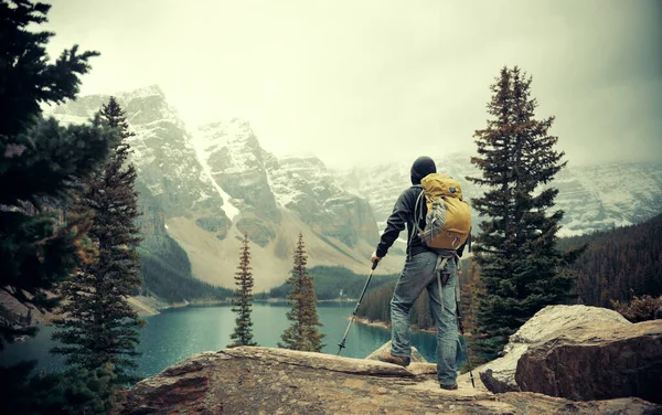 Senderista Estado Salvaje Con Montaña Nieve Lago Parque Nacional —  Fotos de Stock