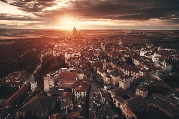 Letecký Pohled Katedrálu Segovia Při Východu Slunce Španělsku — Stock fotografie