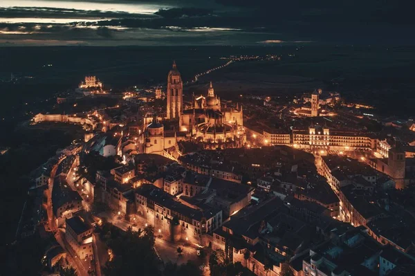 Segovia Katedrála Letecký Pohled Noci Španělsku — Stock fotografie