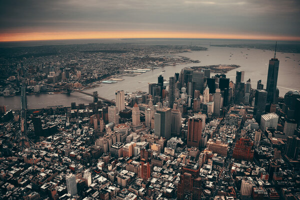 New York City Manhattan downtown aerial view with bridges