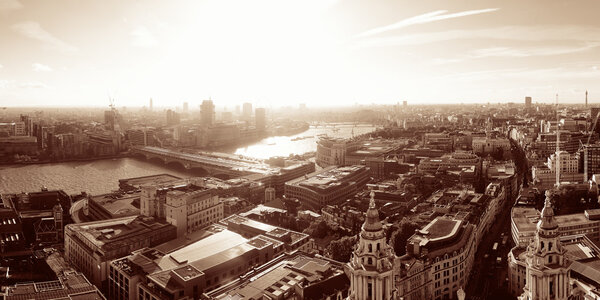 London city rooftop view panorama in black and white with urban architectures.