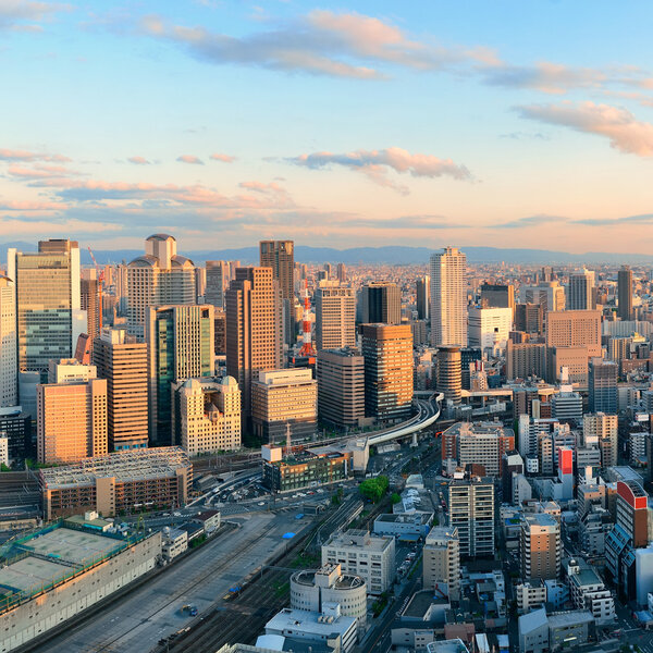 Osaka urban city rooftop view. Japan.