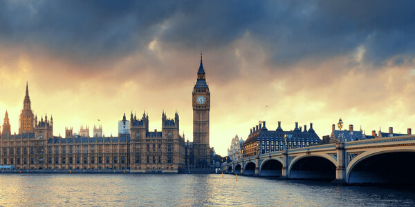 House of Parliament sunset panorama in Westminster in London.