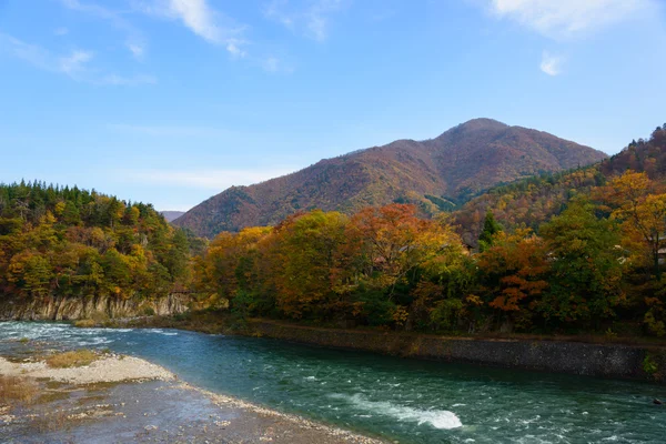 Historická vesnice Shirakawa-go na podzim, krajinu podél řeky Shokawa — Stock fotografie