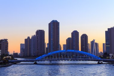 Eitai köprü ve Okawabata Rivercity 21 Tokyo alacakaranlıkta