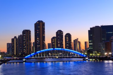 Eitai köprü ve Okawabata Rivercity 21 Tokyo alacakaranlıkta
