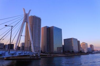 Chuo ohashi bridge ve gökdelen Tokyo alacakaranlıkta
