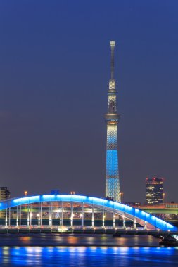 Tokyo Skytree ve alacakaranlıkta Tokyo Eitai Köprüsü