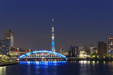 Tokyo Skytree ve alacakaranlıkta Tokyo Eitai Köprüsü