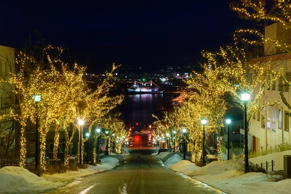 Hachimanzaka en de haven van Hakodate nachts in Hakodate, Hokkaido — Stockfoto