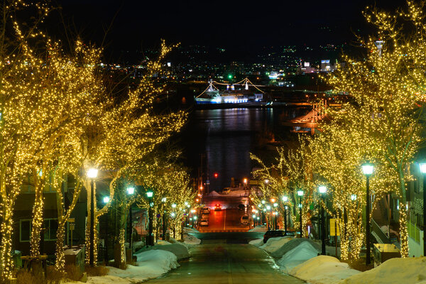 Hachimanzaka and the port of Hakodate at night in Hakodate, Hokkaido
