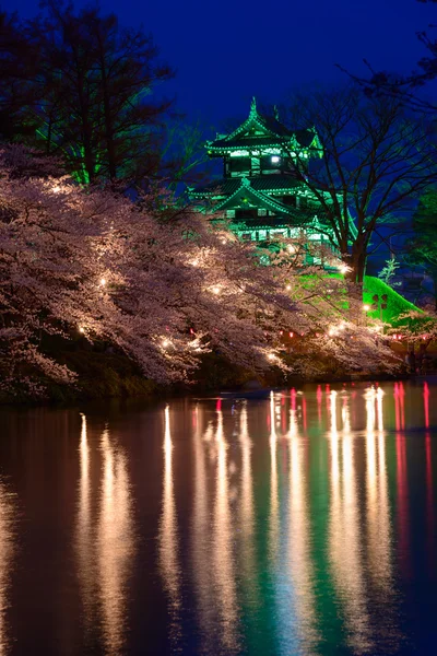 Cherry blossoms and Takada Castle in the twilight — Stock Photo, Image