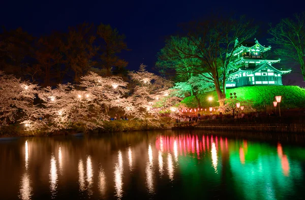 Flores de cerejeira e Castelo de Takada à noite — Fotografia de Stock