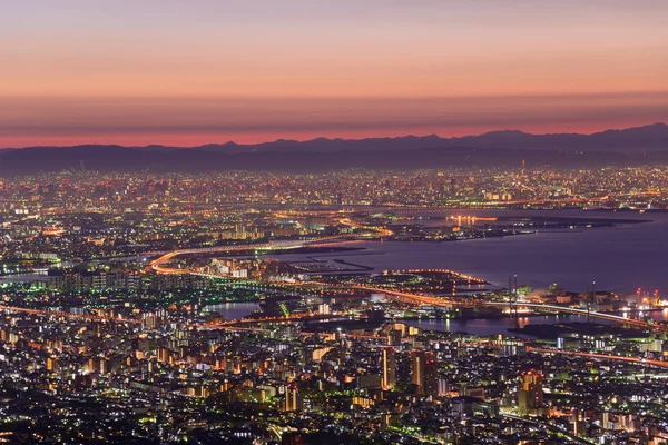 Osaka y Kobe en el crepúsculo, Vista desde el Kukuseidai del Monte Maya — Foto de Stock