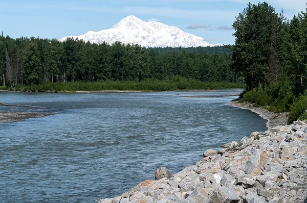 Mt. Denali e o rio Talkeetna — Fotografia de Stock