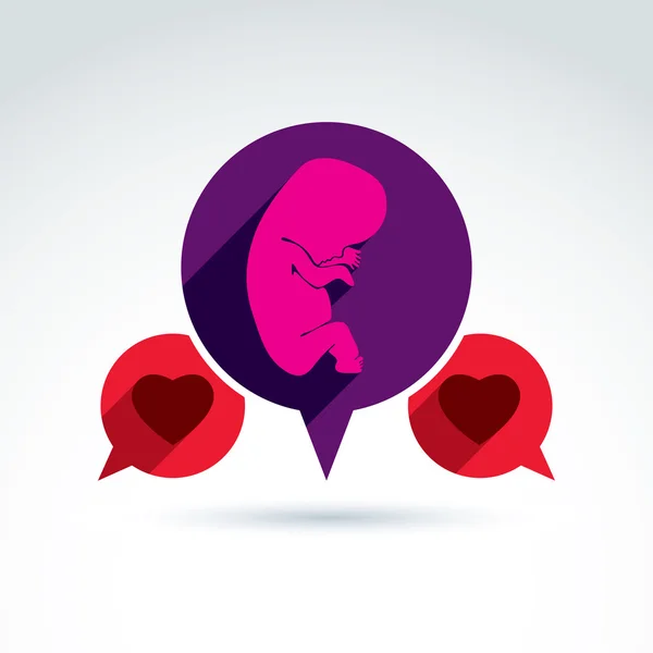 Bebek embriyo ve iki kırmızı sevgi dolu kalp. — Stok Vektör