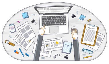 İş analizi, ofis çalışanı ya da girişimci iş adamı bir bilgisayar defteri üzerinde çalışıyor ve finansal analizli kağıtlar, kırtasiye, belge ve ellerle çalışma masasının üst görüntüsü. Vektör. 