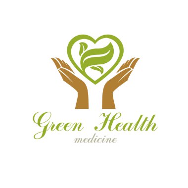 Kalbi tutan özenli eller, vektör grafik sembolü. Homeopati yaratıcı logosu. Hayırseverlik ve gönüllü konsepti.