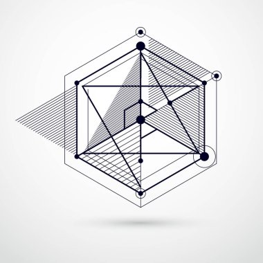 Doğrusal boyutsal küp şekilli özdeş siyah beyaz arkaplan, vektör 3d ağ elementleri. Küpler, altıgenler, kareler, dikdörtgenler ve farklı soyut elementlerin yerleşimi. 