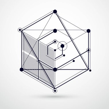 Modern soyut kübik kafes çizgilerinin siyah beyaz arka plan vektörü. Küpler, altıgenler, kareler, dikdörtgenler ve farklı soyut elementlerin yerleşimi. Soyut teknik 3B arkaplan.