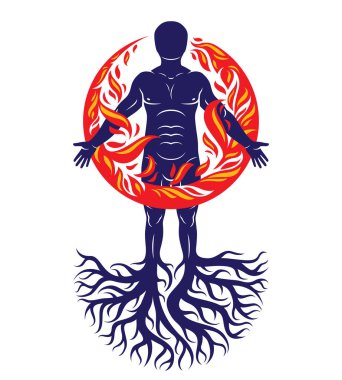 Ağaç kökleriyle bezenmiş atletik bir adamın vektör çizimi, ateş topuyla kaplanmış güçlü bir enerji demeti olarak ateş insanı..