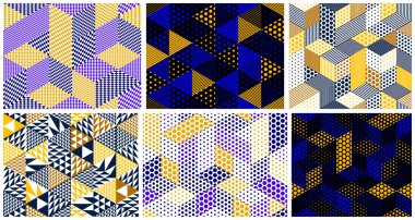 Pürüzsüz noktalı küp vektör arkaplanları ayarlandı, karo desenleri tekrarlayan noktalar, 3D mimari ve inşaat, geometrik tasarımlar.