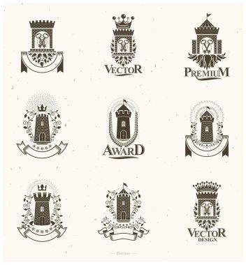 Antik Kale amblemleri yerleştirildi. Arms dekoratif logoları Heraldic Coat izole edilmiş vektör çizimleri koleksiyonu.