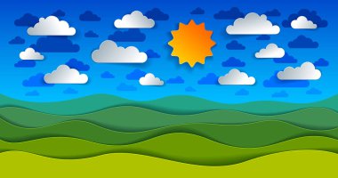 Yeşil çayır manzarası ve gökyüzündeki bulutlar karikatür kağıdı modern tarz vektör illüstrasyonunu kesiyor..