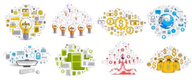 İş ve finans teması birçok basit simge, moda tasarım çizimleri ticari tema koleksiyonu, sembol ve işaret çeşitliliği ile farklı vektör illüstrasyonları.