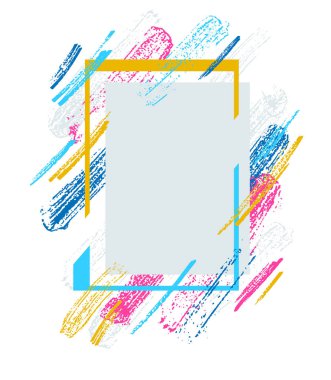 El çizimi fırça darbelerine sahip sanatsal geometrik çerçeve vektör soyut arkaplan, sanat tarzı parlak renkler, beyaz üzerine izole modern tasarım.