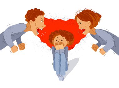 Parents abusers screams and shout on scared little kid boy their son, abusive parents domestic violence, psychological violence abuse, child victim trauma, vector cartoon. clipart