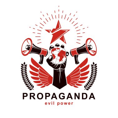 Hoparlörlerden oluşan sunum posteri, kaldırılmış kol Dünya küresi, vektör illüstrasyonu. Propaganda küresel manipülasyon ve kontrol aracı olarak.
