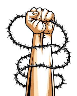 Güçlü bir yumruk, dikenli dikenlere karşı özgürlük için savaşıyor. Kölelik temalı illüstrasyon, vektör logosu ya da dövme, dikenlerden yıldızlara kadar..