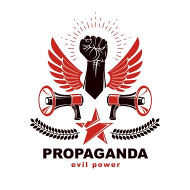 Kaldırılmış yumruklar, özgürlük kanatları ve hoparlör ekipmanları kullanılarak oluşturulmuş vektör broşürü. Propaganda sosyal davranışlar üzerinde etkili bir silahtır..